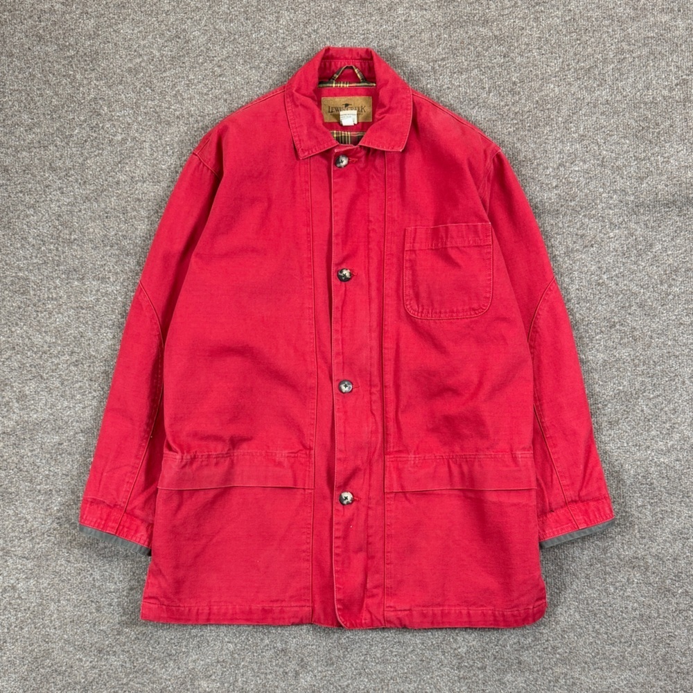 Vintage Lewis Creek Red Chore Work Barn Utility Canvas Jacket Mens S Plaid Lined